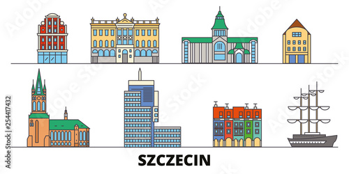 Poland, Szczecin flat landmarks vector illustration. Poland, Szczecin line city with famous travel sights, design skyline. 