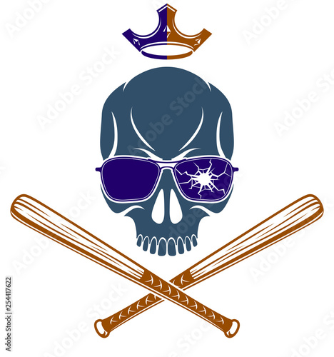 Criminal tattoo ,gang emblem or logo with aggressive skull baseball bats design elements, vector, bandit ghetto vintage style, gangster anarchy or mafia theme.