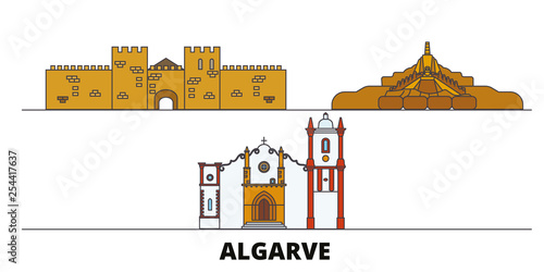 Portugal, Algarve flat landmarks vector illustration. Portugal, Algarve line city with famous travel sights, design skyline. 