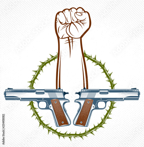 Revolution and Riot aggressive emblem or logo with strong clenched fist, vector tattoo, anarchy and chaos, rebel partisan and revolutionary.