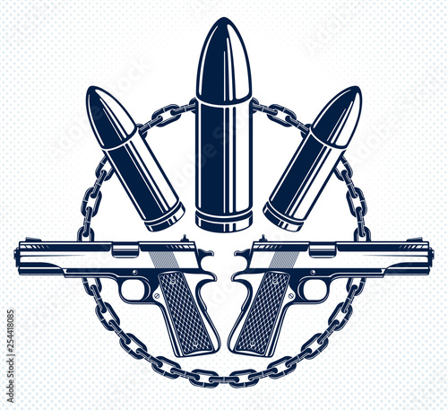 Revolution and War vector emblem with bullets and guns, logo or tattoo, riot partisan warrior, criminal and anarchist style, social tension theme.