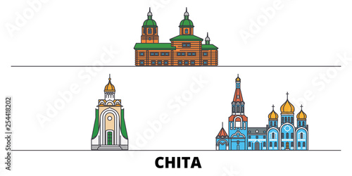 Russia, Chita flat landmarks vector illustration. Russia, Chita line city with famous travel sights, design skyline. 
