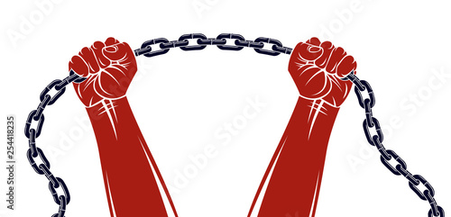 Strong hand clenched fist fighting for freedom against chain slavery theme illustration, vector logo or tattoo, getting free, struggle for liberty.