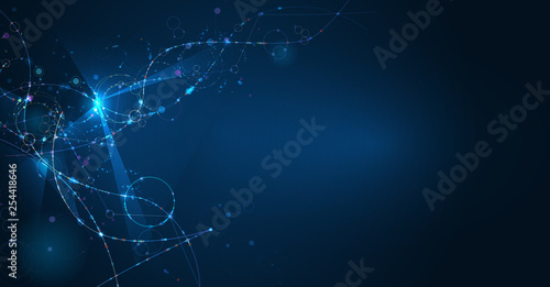 Illustration Abstract Molecules with Circles, Lines, Geometric, Polygon, Triangle pattern. Vector design network communication technology on dark blue background. Futuristic- digital science technolog