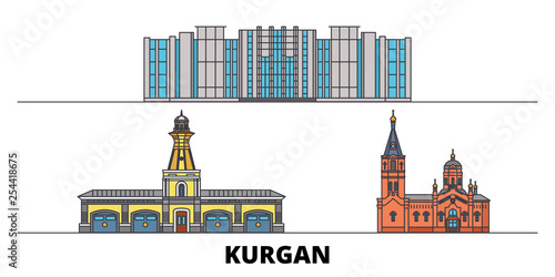 Russia, Kurgan flat landmarks vector illustration. Russia, Kurgan line city with famous travel sights, design skyline. 