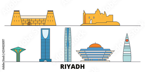 Saudi Arabia, Riyadh  flat landmarks vector illustration. Saudi Arabia, Riyadh  line city with famous travel sights, design skyline. 