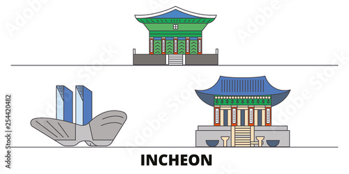 South Korea, Incheon flat landmarks vector illustration. South Korea, Incheon line city with famous travel sights, design skyline. 