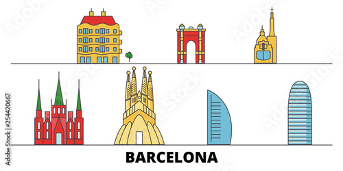 Spain, Barcelona City flat landmarks vector illustration. Spain, Barcelona City line city with famous travel sights, design skyline. 