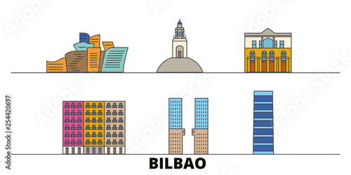 Spain, Bilbao flat landmarks vector illustration. Spain, Bilbao line city with famous travel sights, design skyline. 