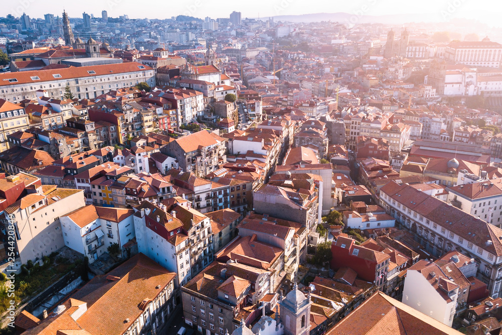 Aerial panoramic view of roofs houses in center of Porto, Portugal.
