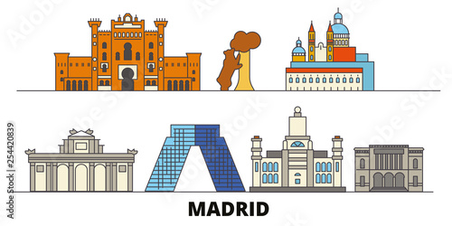 Spain, Madrid flat landmarks vector illustration. Spain, Madrid line city with famous travel sights, design skyline. 