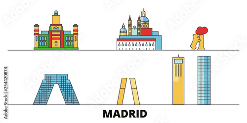 Spain, Madrid City flat landmarks vector illustration. Spain, Madrid City line city with famous travel sights, design skyline. 