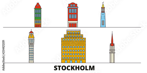 Sweden, Stockholm flat landmarks vector illustration. Sweden, Stockholm line city with famous travel sights, design skyline. 