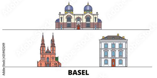 Switzerland, Basel  flat landmarks vector illustration. Switzerland, Basel  line city with famous travel sights, design skyline. 