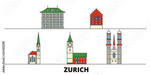 Switzerland, Zurich flat landmarks vector illustration. Switzerland, Zurich line city with famous travel sights, design skyline. 