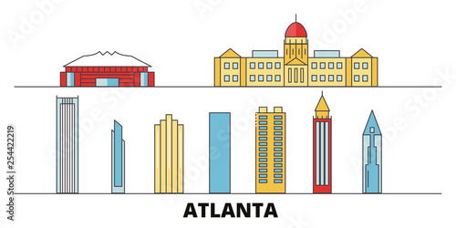 United States, Atlanta flat landmarks vector illustration. United States, Atlanta line city with famous travel sights, design skyline. 