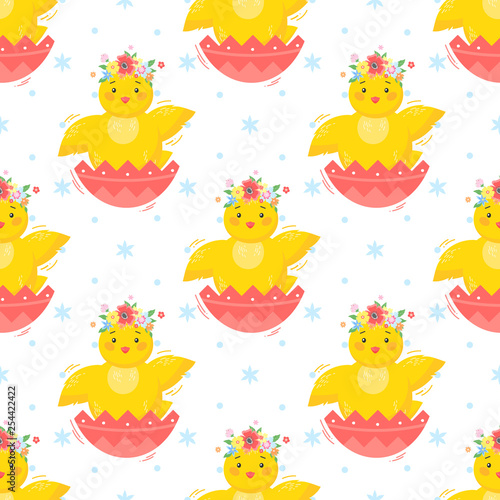 Easter seamless pattern.Cute little chicks.Easter holiday decorative background perfect for prints flyers banners holiday invitations and more.Vector Easter illustration.