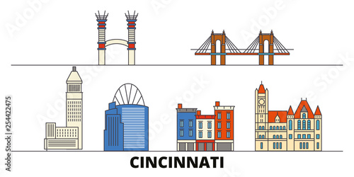 United States, Cincinnati flat landmarks vector illustration. United States, Cincinnati line city with famous travel sights, design skyline. 