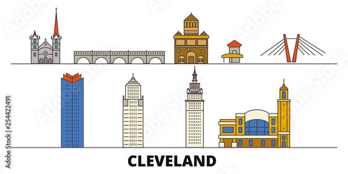 United States, Cleveland flat landmarks vector illustration. United States, Cleveland line city with famous travel sights, design skyline. 
