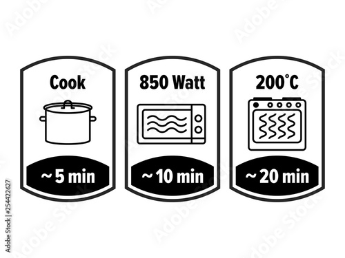 Cook minutes vector icon. 5, 10 and 20 minutes cooking in boiling saucepan, microwave watt and oven cooker temperature, food cook package instruction symbols