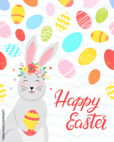 Easter typography.Happy Easter - hand drawn lettering with colorful eggs,cute funny bunny with flower wreath. Seasons greetings card perfect for prints, flyers,banners,holiday invitations and more.