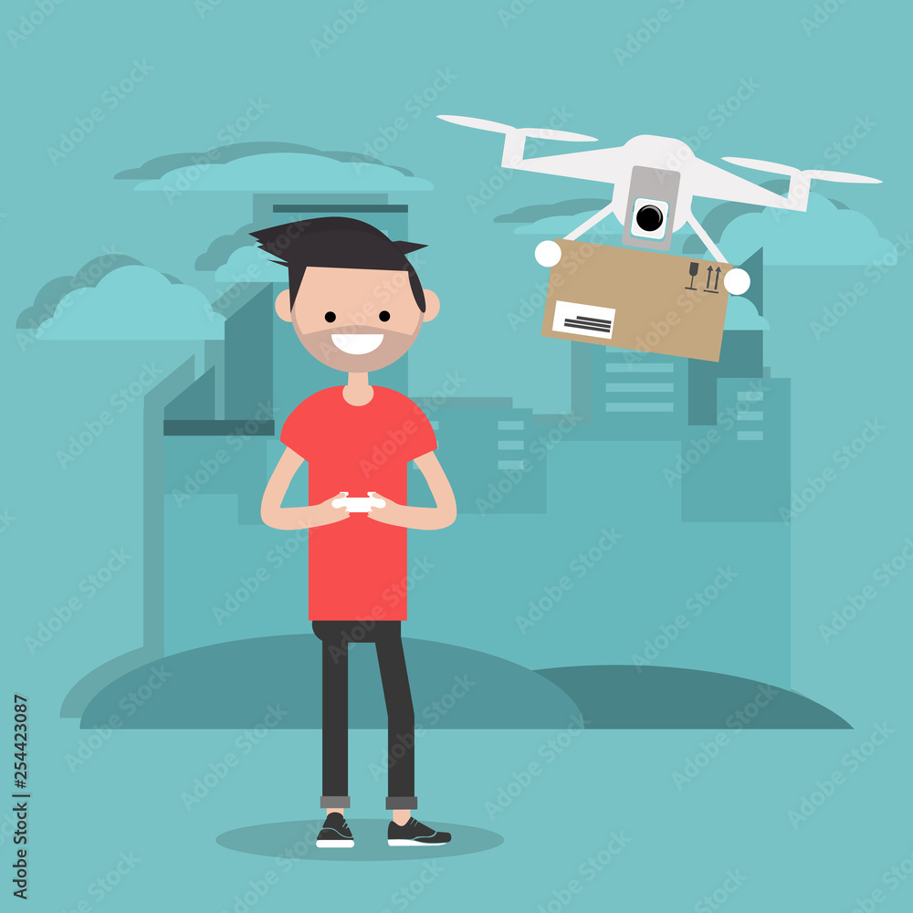 Drone delivery service. Young character controlling a drone with a remote controller.Flat cartoon designClip art Drone delivery service. Young character controlling a drone with a remote controller.Flat cartoon designClip art