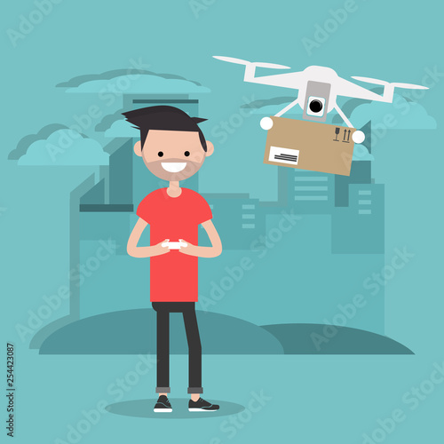 Drone delivery service. Young character controlling a drone with a remote controller.Flat cartoon designClip art