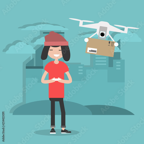 Drone delivery service. Young character controlling a drone with a remote controller.Flat cartoon designClip art
