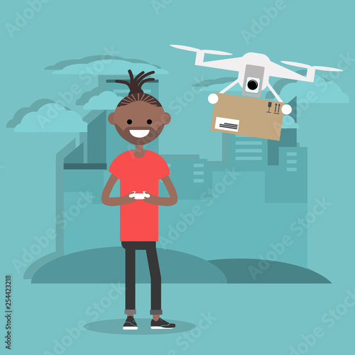 Drone delivery service. Young character controlling a drone with a remote controller.Flat cartoon designClip art