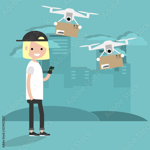 Drone delivery service. Young character using the app to receive the parcel.Flat cartoon designClip art