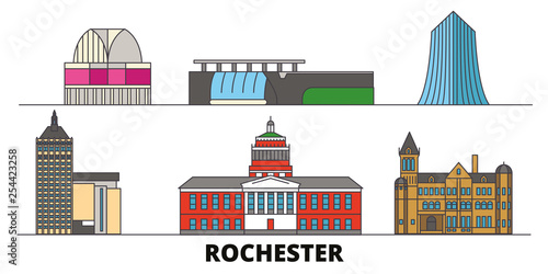 United States, New York Rochester flat landmarks vector illustration. United States, New York Rochester line city with famous travel sights, design skyline. 