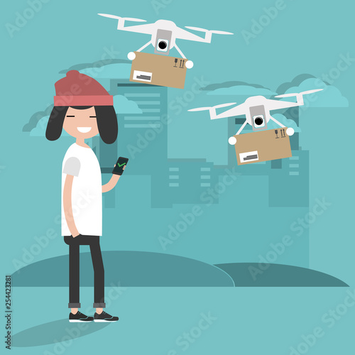 Drone delivery service. Young character using the app to receive the parcel.Flat cartoon designClip art