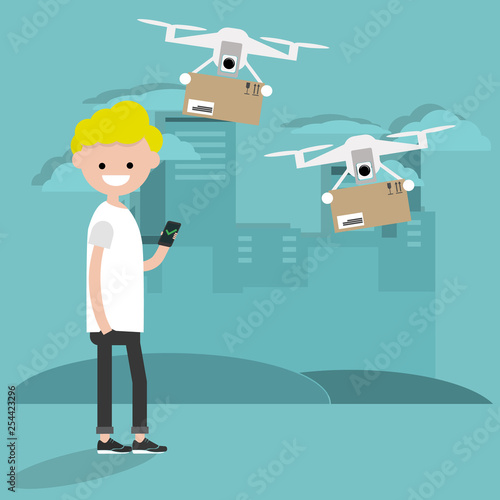 Drone delivery service. Young character using the app to receive the parcel.Flat cartoon designClip art