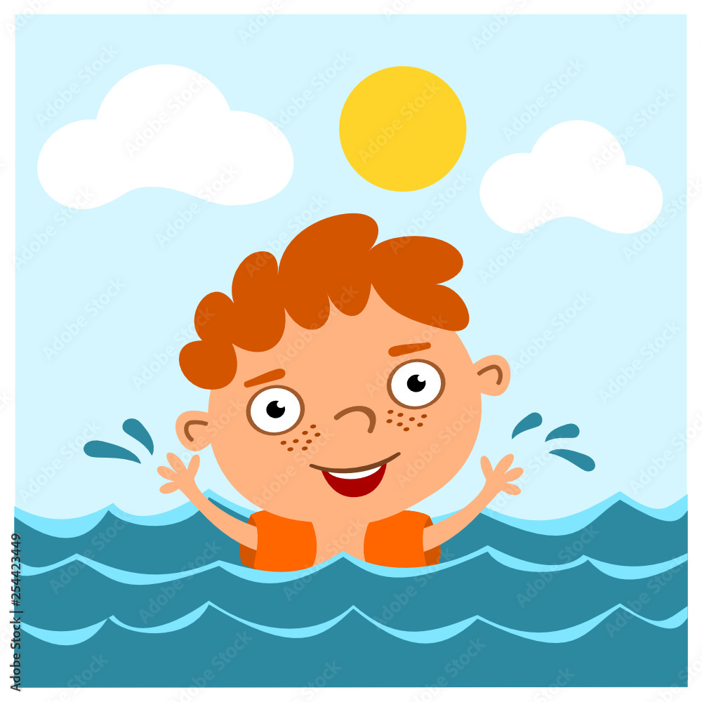 Cheerful boy swims in the sea with inflatable sleeves on his hands. Cheerful boy swims in the sea with inflatable sleeves on his hands.