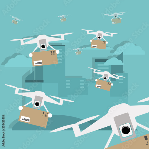 Drone delivery service.Many drones receiving the parcels .Flat cartoon designClip art
