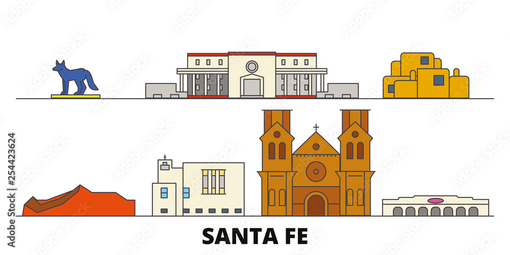Naklejka premium Stany Zjednoczone, ilustracja wektorowa płaskie zabytki Santa Fe. Stany Zjednoczone, miasto linii Santa Fe ze słynnymi atrakcjami turystycznymi, designerską panoramą.