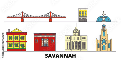 United States, Savannah flat landmarks vector illustration. United States, Savannah line city with famous travel sights, design skyline. 