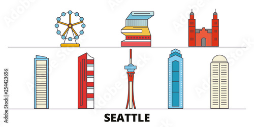 United States, Seattle flat landmarks vector illustration. United States, Seattle line city with famous travel sights, design skyline. 