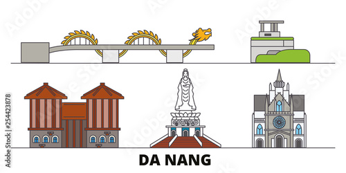 Vietnam, Da Nang flat landmarks vector illustration. Vietnam, Da Nang line city with famous travel sights, design skyline. 