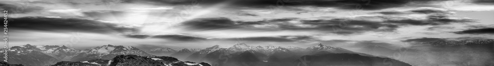 Black and white panoramic view of mountain peaks Black and white panoramic view of mountain peaks