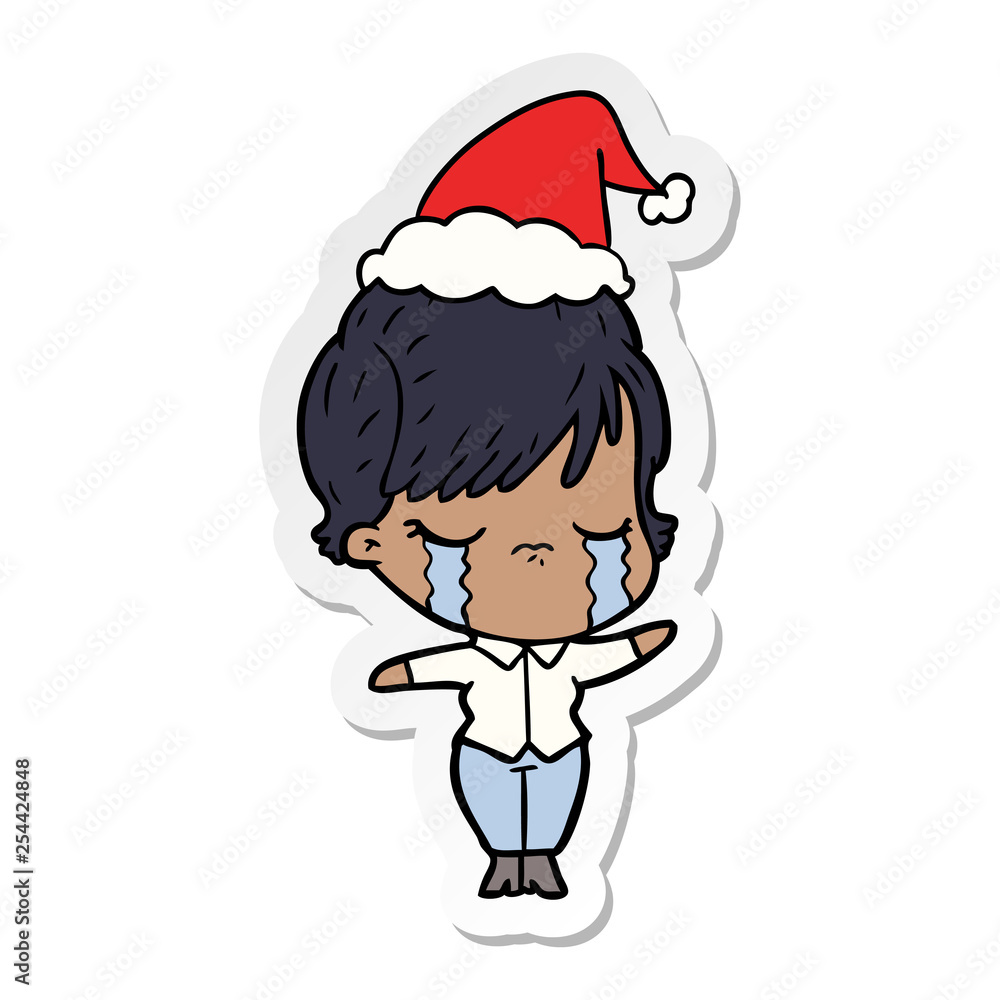 sticker cartoon of a woman crying wearing santa hat sticker cartoon of a woman crying wearing santa hat