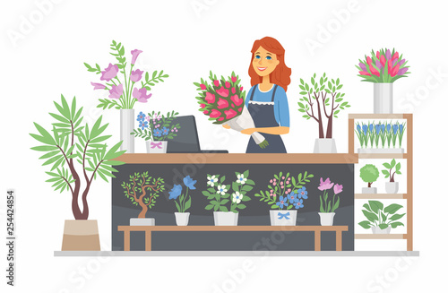 Flower shop - modern vector cartoon people characters illustration