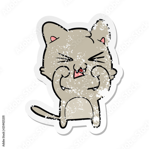 distressed sticker of a cartoon hissing cat