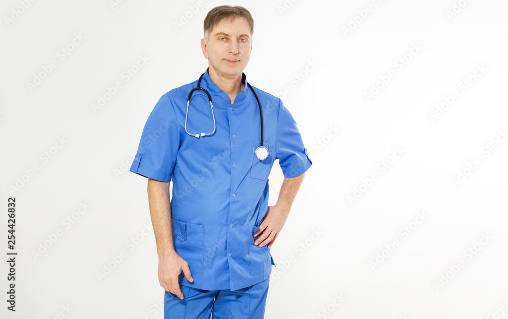 Caucasian white doctor man with stethoscope isolated white background. Caucasian white doctor man with stethoscope isolated white background.