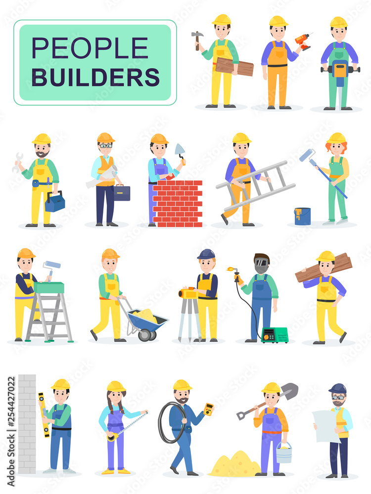 Set of people builders workers. Men worker in blue overall, Various poses and emotions, running, standing, walking, working. Cartoon characters isolated on white background. Flat vector illustration. Set of people builders workers. Men worker in blue overall, Various poses and emotions, running, standing, walking, working. Cartoon characters isolated on white background. Flat vector illustration.
