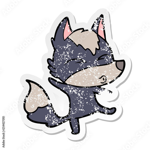 distressed sticker of a cartoon wolf pouting