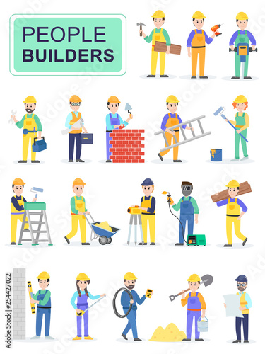 Set of people builders workers. Men worker in blue overall, Various poses and emotions, running, standing, walking, working. Cartoon characters isolated on white background. Flat vector illustration.