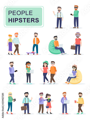 Set of stylish hipster people. Fashion girls and boys in different hipster suits. Cartoon characters isolated on white background. Flat vector illustration.