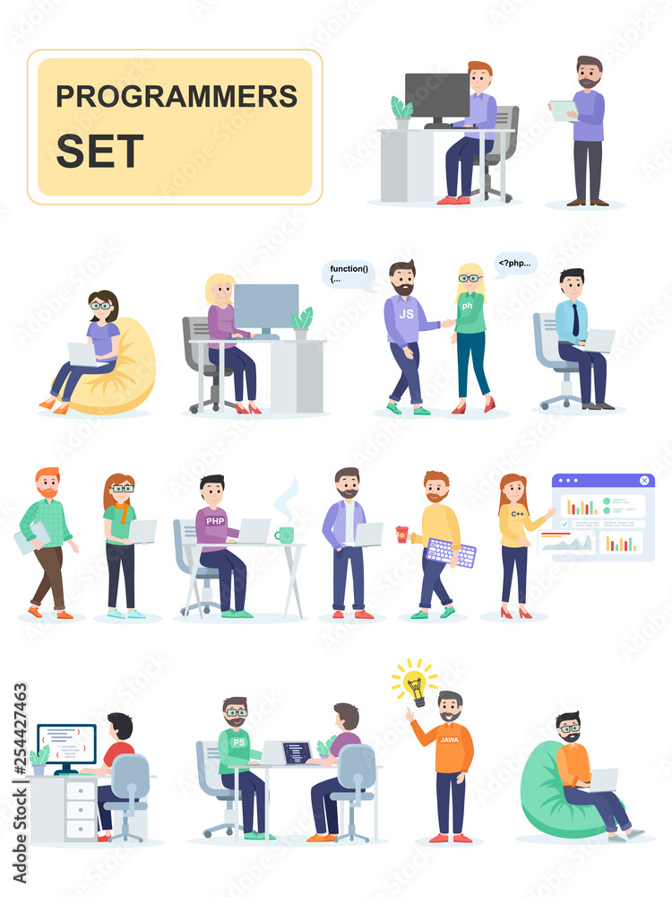 Set of programmers developing custom programs. Programmer, coder, web developer or software engineer. Cartoon characters isolated on white background. Flat vector illustration.