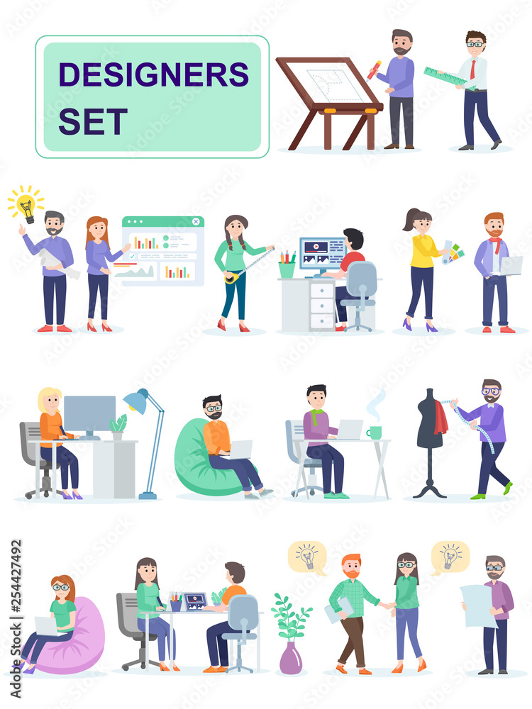 Set of coworking space with creative people sitting at the table. Designers invent and develop creative product designs. Cartoon characters isolated on white background. Flat vector illustration. Set of coworking space with creative people sitting at the table. Designers invent and develop creative product designs. Cartoon characters isolated on white background. Flat vector illustration.
